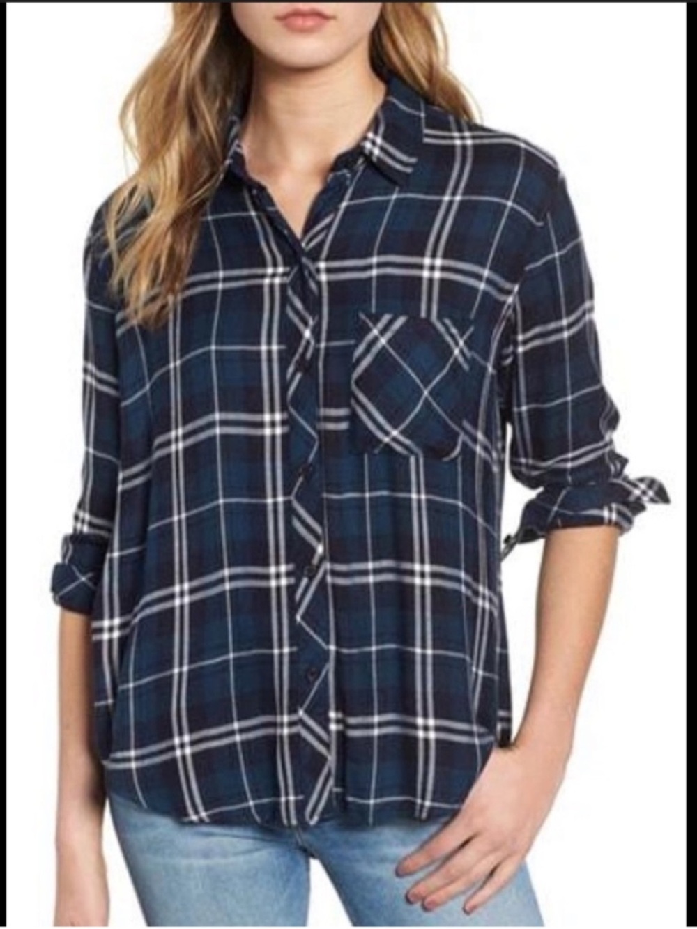 Rails Hunter Plaid Shirt Spruce White XS Button Front Rayon Flannel Top